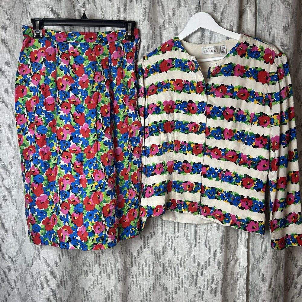 Adrianna Papell Silk Two Piece Floral Set Size 6 Skirt And Blouse Multicolor
